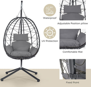 English Elm Egg Rattan Hanging Chair with Stand – All-Weather PE Wicker Swing Seat, Cozy Cushion, 350lb Capacity Dark Gray W874106468
