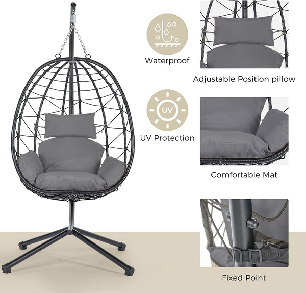English Elm Egg Rattan Hanging Chair with Stand – All-Weather PE Wicker Swing Seat, Cozy Cushion, 350lb Capacity Dark Gray W874106468