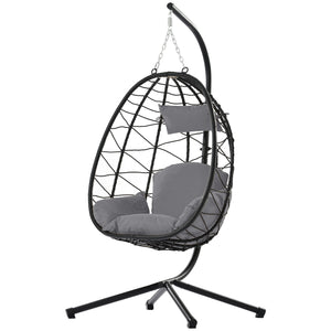 English Elm Egg Rattan Hanging Chair with Stand – All-Weather PE Wicker Swing Seat, Cozy Cushion, 350lb Capacity Dark Gray W874106468