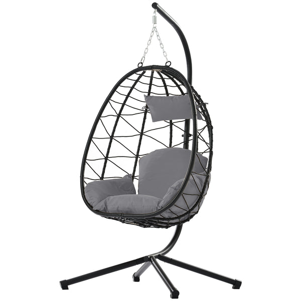 English Elm Egg Rattan Hanging Chair with Stand – All-Weather PE Wicker Swing Seat, Cozy Cushion, 350lb Capacity Dark Gray W874106468