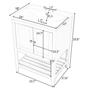 English Elm [video] 24 Inch Freestanding Bathroom Vanity Birch Wood Frame Ceramic Sink Open Shelf JL000004AAK
