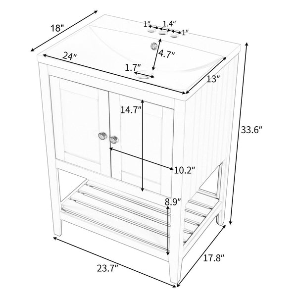 English Elm [video] 24 Inch Freestanding Bathroom Vanity Birch Wood Frame Ceramic Sink Open Shelf JL000004AAK
