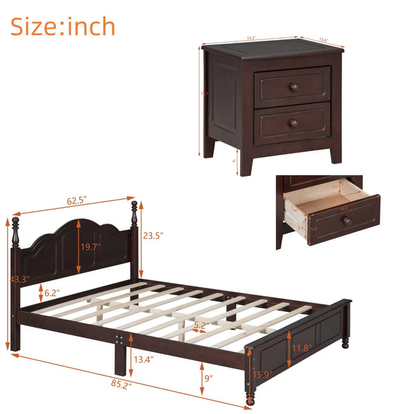 English Elm 3-Pieces Queen Wood Platform Bed Set with 2 Nightstands, Slat Support, Space-Saving Storage Walnut 23.03 L x 21.73 W x 8.27 H HL000058AAD