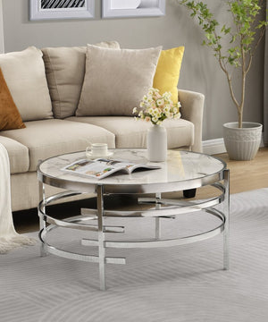 English Elm 32.48'' Round Sintered Stone Coffee Table with Polished Chrome Base for Living Room W821115001