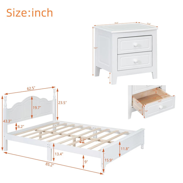 English Elm 3-Pieces Queen Wood Platform Bed Set with 2 Nightstands, Slat Support, Space-Saving Storage White 23.03 L x 21.73 W x 8.27 H HL000058AAK