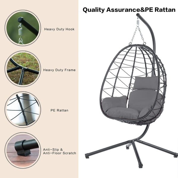 English Elm Egg Rattan Hanging Chair with Stand – All-Weather PE Wicker Swing Seat, Cozy Cushion, 350lb Capacity Dark Gray W874106468