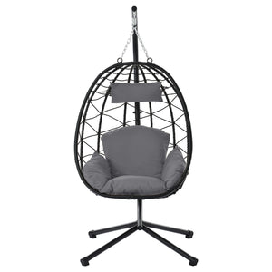English Elm Egg Rattan Hanging Chair with Stand – All-Weather PE Wicker Swing Seat, Cozy Cushion, 350lb Capacity Dark Gray W874106468