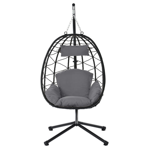 English Elm Egg Rattan Hanging Chair with Stand – All-Weather PE Wicker Swing Seat, Cozy Cushion, 350lb Capacity Dark Gray W874106468