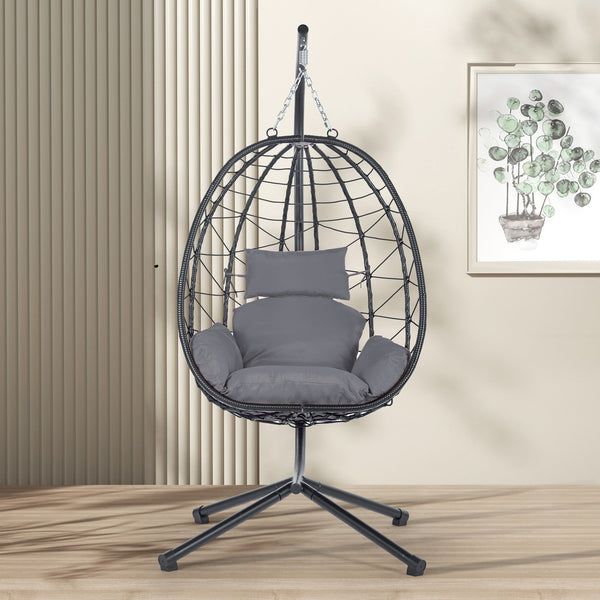 English Elm Egg Rattan Hanging Chair with Stand – All-Weather PE Wicker Swing Seat, Cozy Cushion, 350lb Capacity Dark Gray W874106468