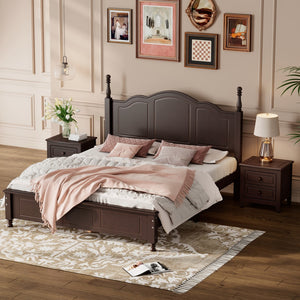 English Elm 3-Pieces Bedroom Sets,Queen Size Wood Platform Bed and Two Nightstands-Dark Walnut