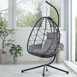 English Elm Egg Rattan Hanging Chair with Stand – All-Weather PE Wicker Swing Seat, Cozy Cushion, 350lb Capacity Dark Gray W874106468