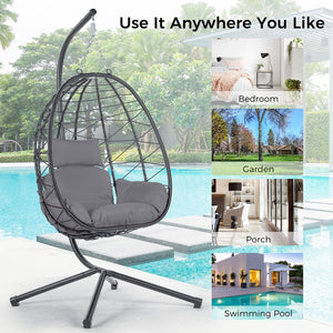 English Elm Egg Rattan Hanging Chair with Stand – All-Weather PE Wicker Swing Seat, Cozy Cushion, 350lb Capacity Dark Gray W874106468