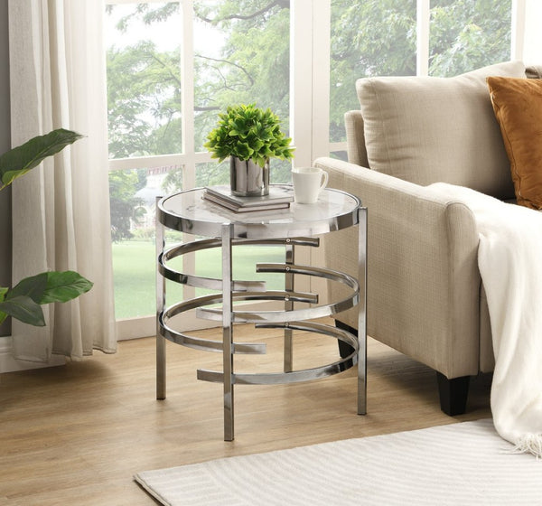 English Elm Modern Round Sintered Stone Top End Table Chrome Frame Living Room Accent W821114994