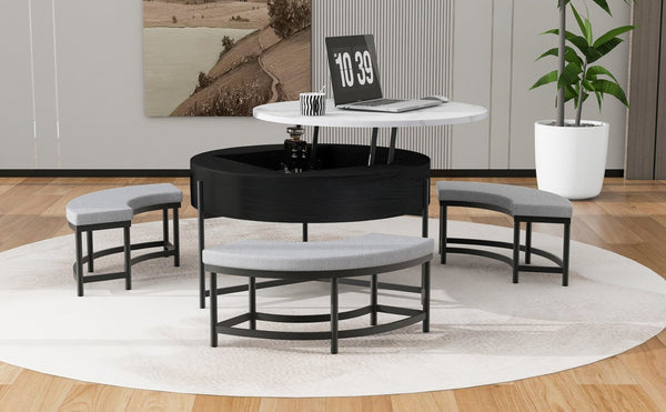 English Elm Modern Round Lift Top Coffee Table with Hidden Storage and Three Nesting Ottomans CH265770AAB