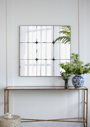 English Elm 36x36" Antiqued Glass Panel Square Wall Mirror with Resin Floral Iron Frame W2078126444