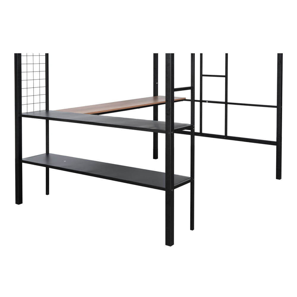 English Elm Metal Full Loft Bed with Built-In Desk, 2-Tier Shelves & Grid Panel, Noise-Free Wood Slats, 400LB Capacity W427S00028