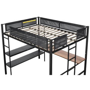 English Elm Metal Full Loft Bed with Built-In Desk, 2-Tier Shelves & Grid Panel, Noise-Free Wood Slats, 400LB Capacity W427S00028
