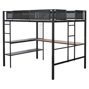 English Elm Metal Full Loft Bed with Built-In Desk, 2-Tier Shelves & Grid Panel, Noise-Free Wood Slats, 400LB Capacity W427S00028