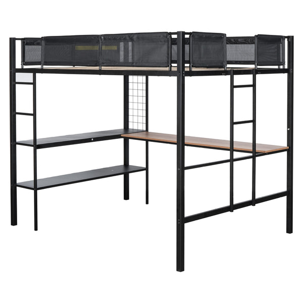 English Elm Metal Full Loft Bed with Built-In Desk, 2-Tier Shelves & Grid Panel, Noise-Free Wood Slats, 400LB Capacity W427S00028