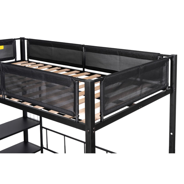 English Elm Metal Twin over Full Bunk Bed with Separated Full, Shelves, Wire Grid Panel, Noise-Free Slats, Safe Guardrail W427S00029