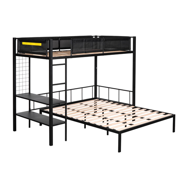 English Elm Metal Twin over Full Bunk Bed with Separated Full, Shelves, Wire Grid Panel, Noise-Free Slats, Safe Guardrail W427S00029