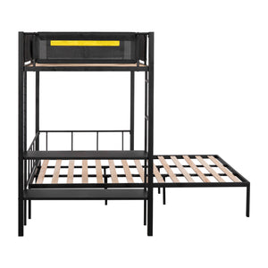 English Elm Metal Twin over Full Bunk Bed with Separated Full, Shelves, Wire Grid Panel, Noise-Free Slats, Safe Guardrail W427S00029