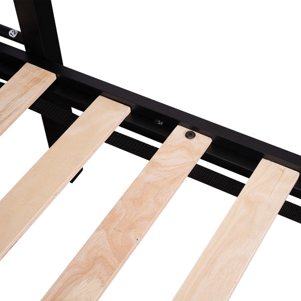 English Elm Metal Twin over Full Bunk Bed with Separated Full, Shelves, Wire Grid Panel, Noise-Free Slats, Safe Guardrail W427S00029