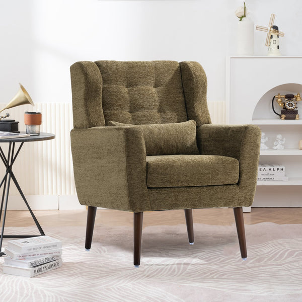 English Elm Modern Accent Chair with Chenille Upholstery, Ergonomic Padded Seat & Solid Wood Legs for Living Rooms Olive Green W1028102389
