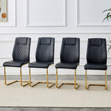 Set of 4 Modern Dining Chairs, Black Faux Leather Seats, Gold Metal Legs, for Kitchen, Living Room, Bedroom, Office