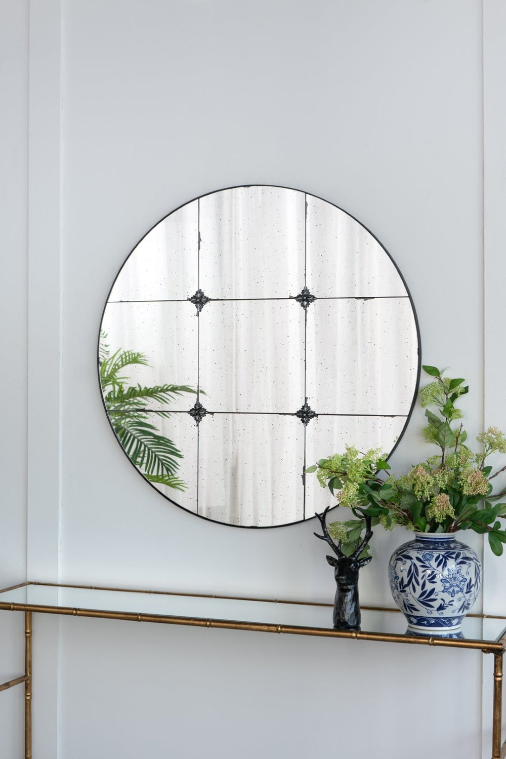 English Elm 36x36" Antiqued Glass Panel Square Wall Mirror with Resin Floral Iron Frame W2078126446