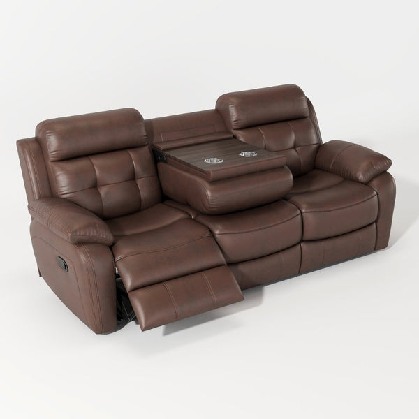 English Elm Genuine Leather Reclining Sofa Tufted Back Drop Table Cupholders Media Den W1896S00007