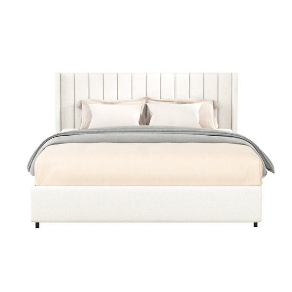 English Elm Anda Ivory Boucle Queen Bed with 2 Dust‑Proof Drawers, Channel Tufted Headboard, No Box Spring Needed B083P156197