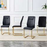 Set of 6 Modern Dining Chairs, Faux Leather Padded Seats, Gold Metal Legs, Black (C-001)