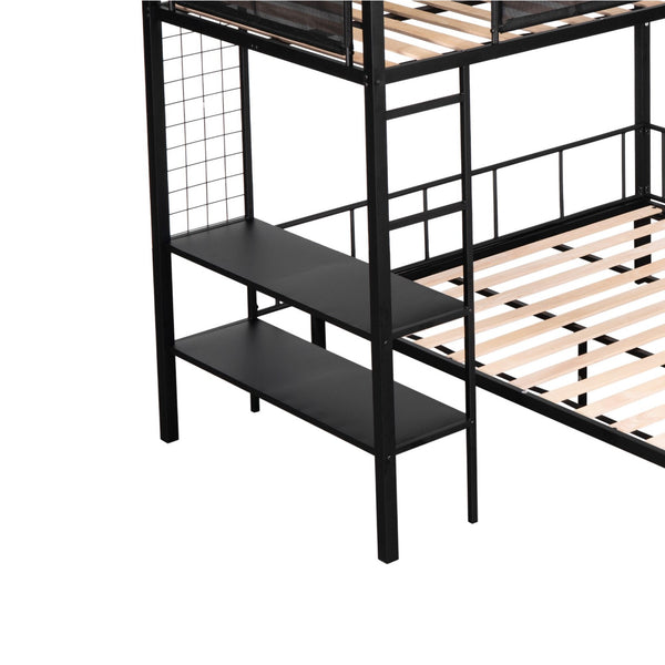 English Elm Metal Twin over Full Bunk Bed with Separated Full, Shelves, Wire Grid Panel, Noise-Free Slats, Safe Guardrail W427S00029