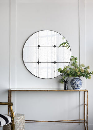 English Elm 36x36" Antiqued Glass Panel Square Wall Mirror with Resin Floral Iron Frame W2078126446