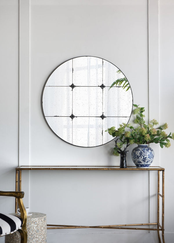 English Elm 36x36" Antiqued Glass Panel Square Wall Mirror with Resin Floral Iron Frame W2078126446