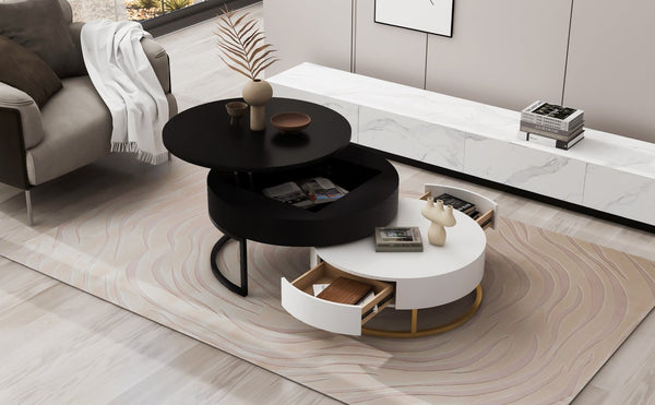 English Elm Modern Round Nesting Coffee Table Set with Lift Top Hydraulic Storage and Gold Pedestal CH307475AAB