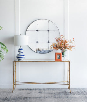 English Elm 36x36" Antiqued Glass Panel Square Wall Mirror with Resin Floral Iron Frame W2078126446