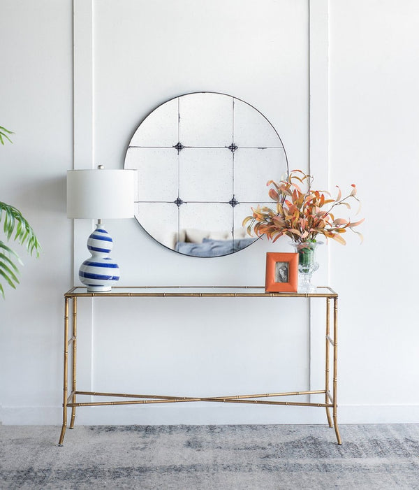 English Elm 36x36" Antiqued Glass Panel Square Wall Mirror with Resin Floral Iron Frame W2078126446