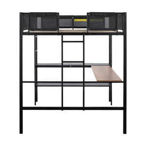 English Elm Metal Full Loft Bed with Built-In Desk, 2-Tier Shelves & Grid Panel, Noise-Free Wood Slats, 400LB Capacity W427S00028