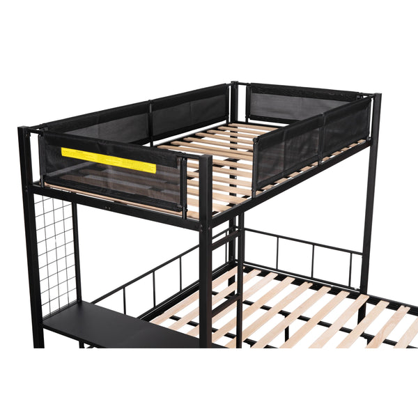 English Elm Metal Twin over Full Bunk Bed with Separated Full, Shelves, Wire Grid Panel, Noise-Free Slats, Safe Guardrail W427S00029
