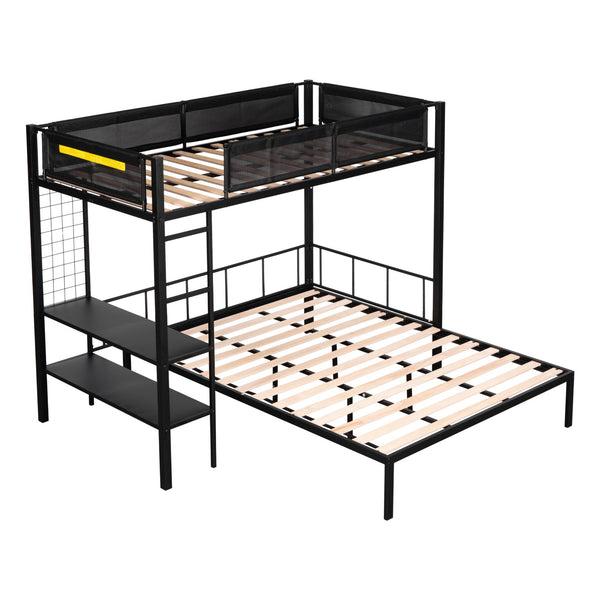 English Elm Metal Twin over Full Bunk Bed with Separated Full, Shelves, Wire Grid Panel, Noise-Free Slats, Safe Guardrail W427S00029