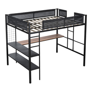 English Elm Metal Full Loft Bed with Built-In Desk, 2-Tier Shelves & Grid Panel, Noise-Free Wood Slats, 400LB Capacity W427S00028