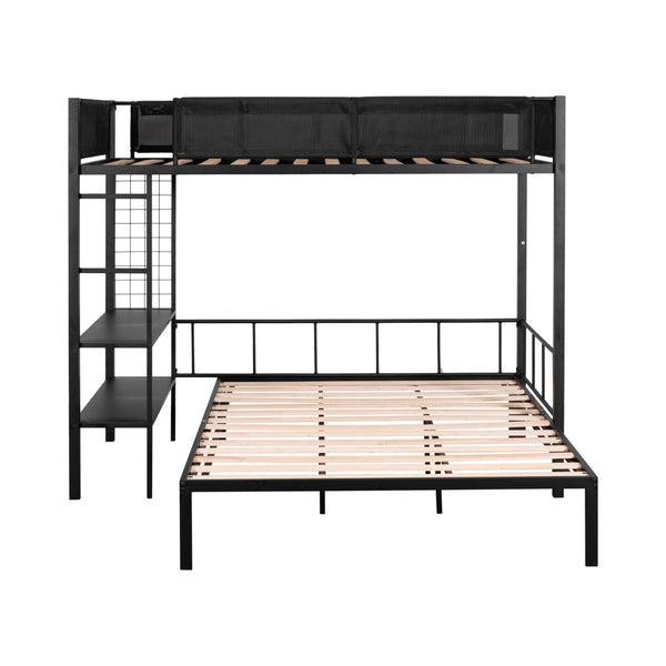 English Elm Metal Twin over Full Bunk Bed with Separated Full, Shelves, Wire Grid Panel, Noise-Free Slats, Safe Guardrail W427S00029