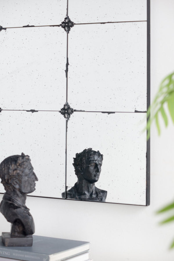 English Elm 36x36" Antiqued Glass Panel Square Wall Mirror with Resin Floral Iron Frame W2078126444