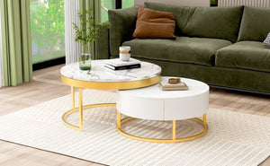English Elm Modern White Lacquer Round Nesting Tables Gold Pedestal Base Glam Living Room Set N735P386429K