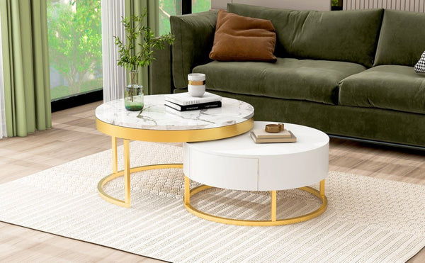 English Elm Modern White Lacquer Round Nesting Tables Gold Pedestal Base Glam Living Room Set N735P386429K