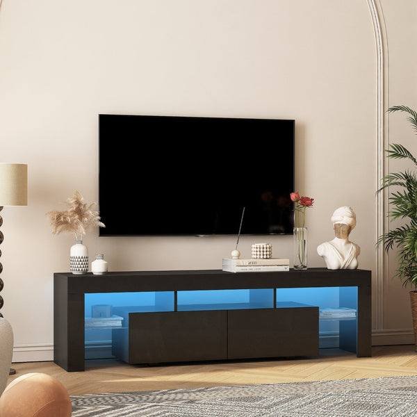 English Elm High Gloss Black Tv Console with Led Ambiance Lighting Storage Cabinets Modern Living Room W1321126658