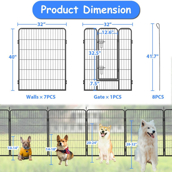 English Elm Heavy Duty 8 Panel Metal Dog Playpen Foldable Outdoor Kennel with Anchor Stakes W1422112800