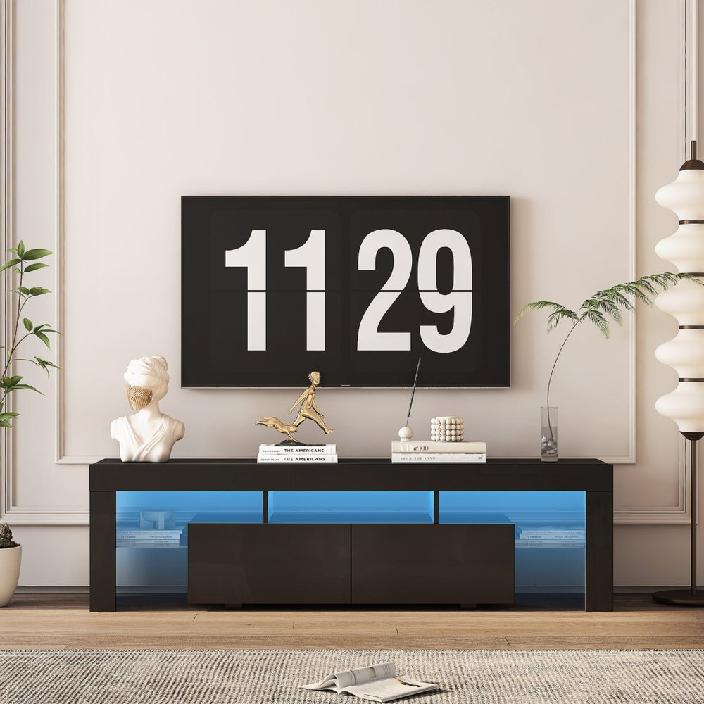 English Elm High Gloss Black Tv Console with Led Ambiance Lighting Storage Cabinets Modern Living Room W1321126658